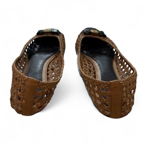 Tory Burch 6 Carlyle Woven Leather Ballerinas Ballet Flats Black Tan Logo Bow - Picture 8 of 14